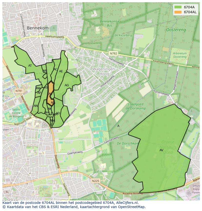 Afbeelding van het postcodegebied 6704 AL op de kaart.