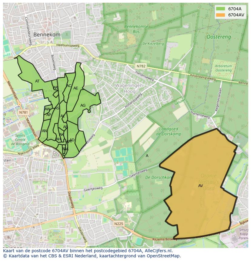 Afbeelding van het postcodegebied 6704 AV op de kaart.