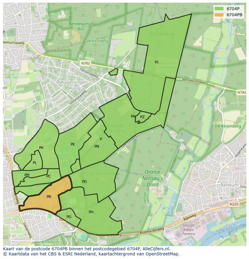 Afbeelding van het postcodegebied 6704 PB op de kaart.