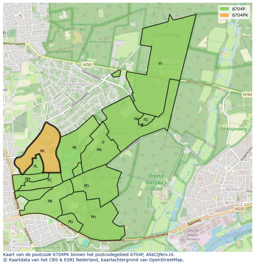 Afbeelding van het postcodegebied 6704 PK op de kaart.