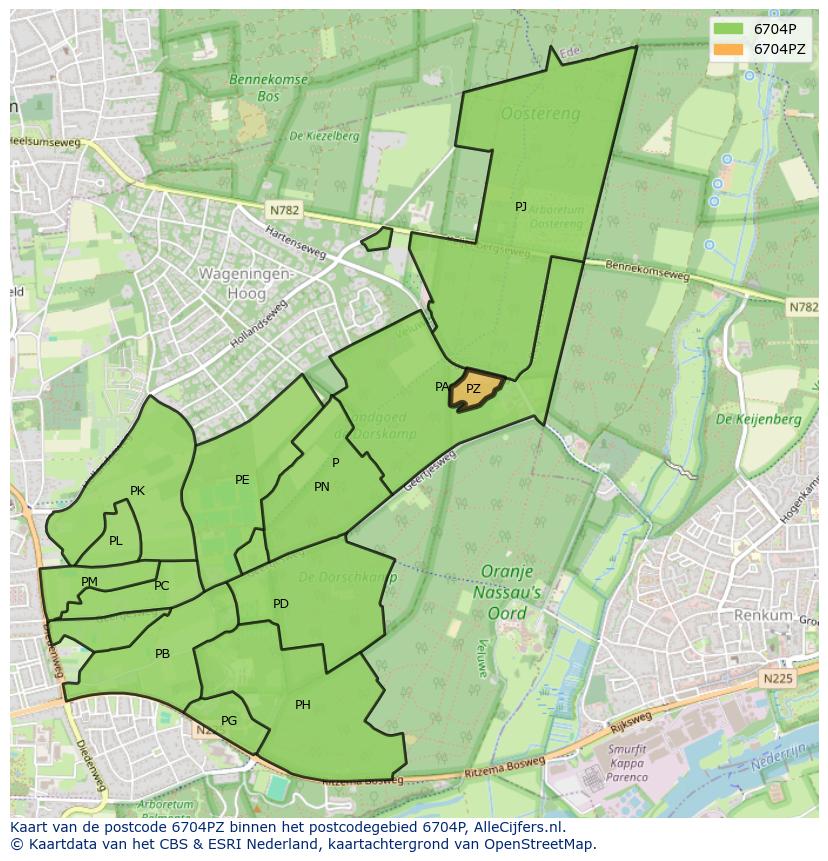 Afbeelding van het postcodegebied 6704 PZ op de kaart.