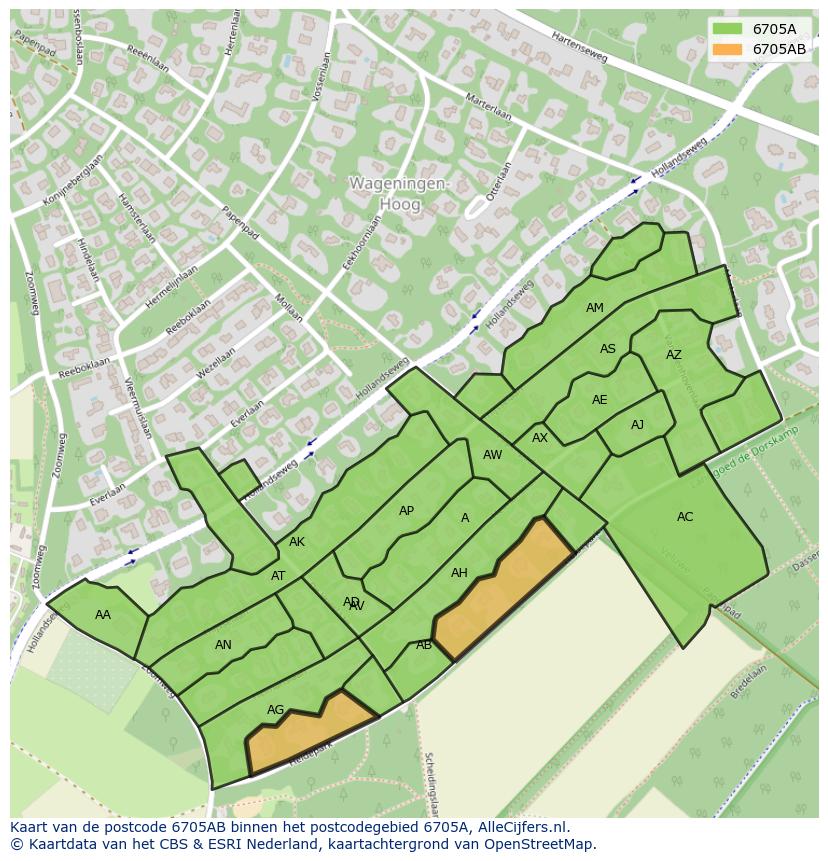 Afbeelding van het postcodegebied 6705 AB op de kaart.