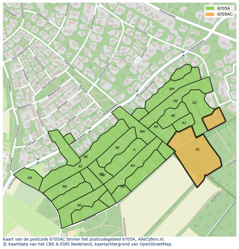 Afbeelding van het postcodegebied 6705 AC op de kaart.