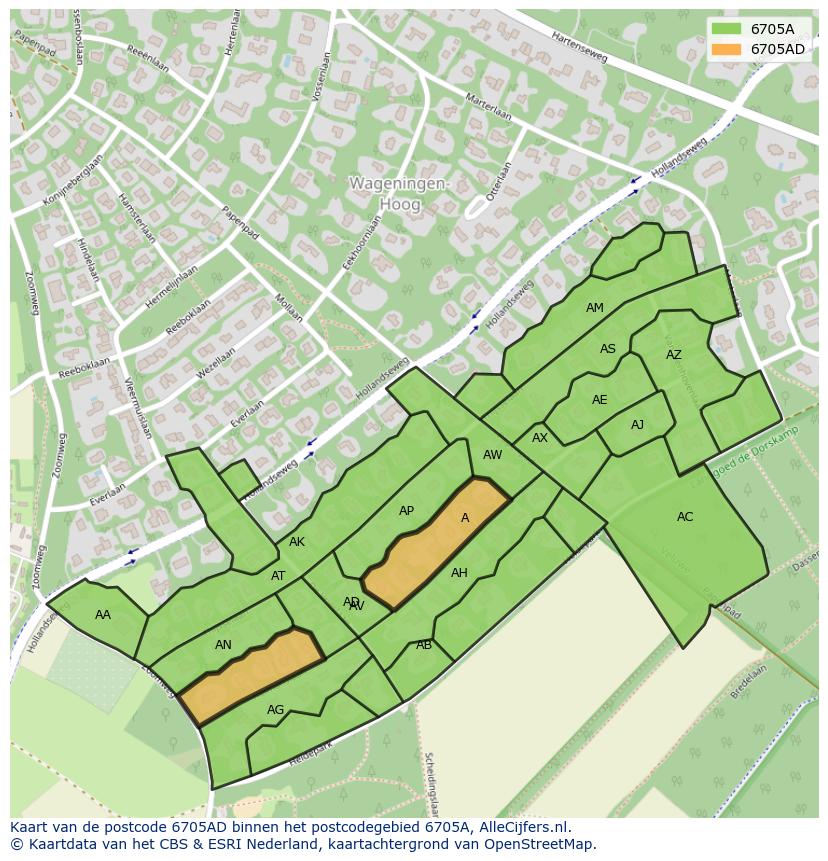 Afbeelding van het postcodegebied 6705 AD op de kaart.