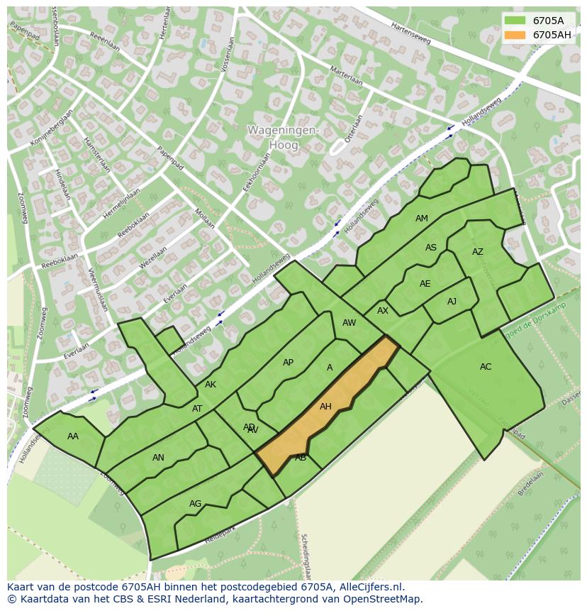 Afbeelding van het postcodegebied 6705 AH op de kaart.