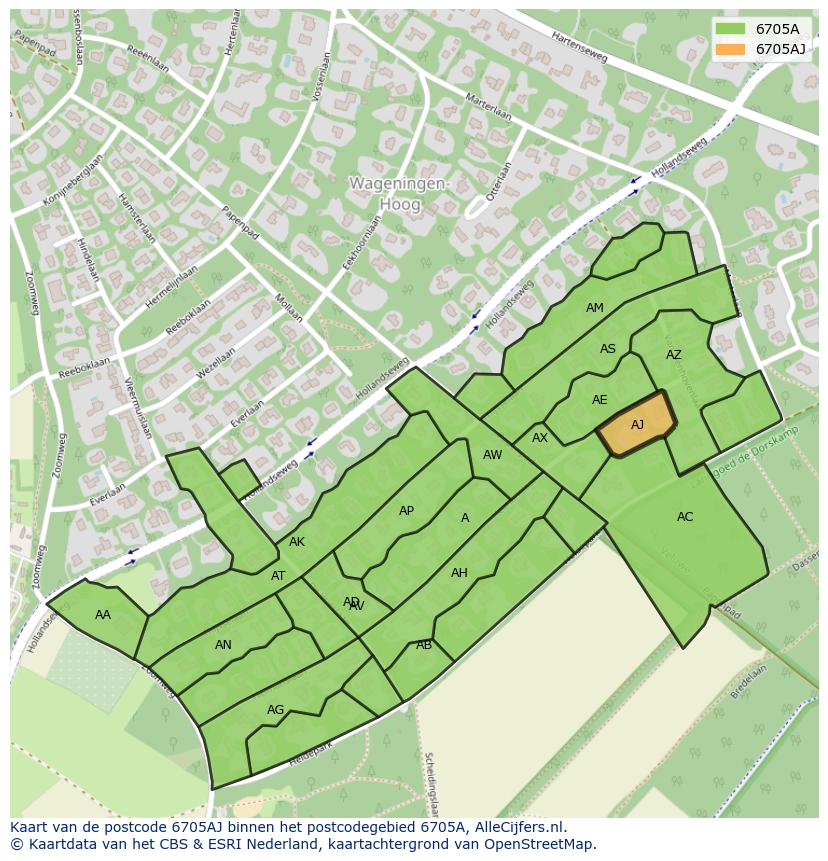 Afbeelding van het postcodegebied 6705 AJ op de kaart.