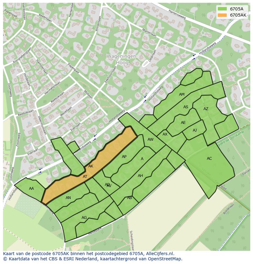 Afbeelding van het postcodegebied 6705 AK op de kaart.