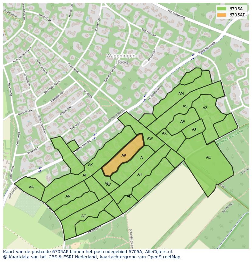 Afbeelding van het postcodegebied 6705 AP op de kaart.