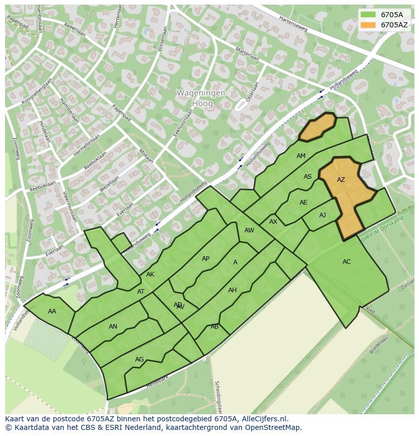 Afbeelding van het postcodegebied 6705 AZ op de kaart.