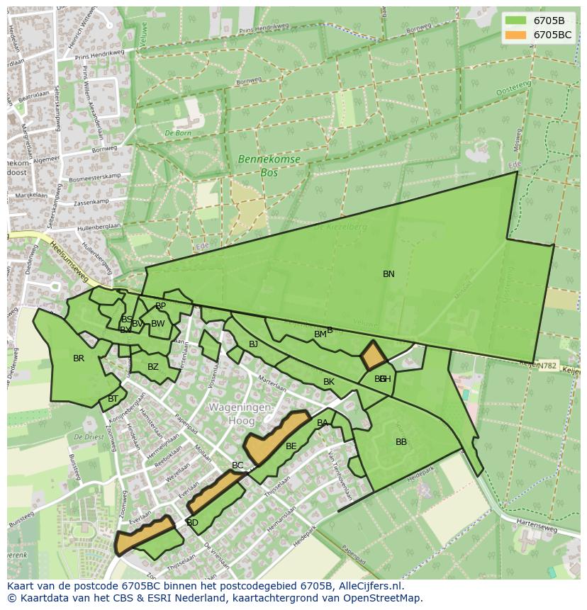 Afbeelding van het postcodegebied 6705 BC op de kaart.