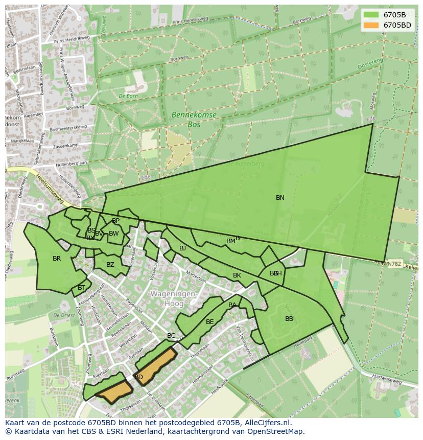 Afbeelding van het postcodegebied 6705 BD op de kaart.
