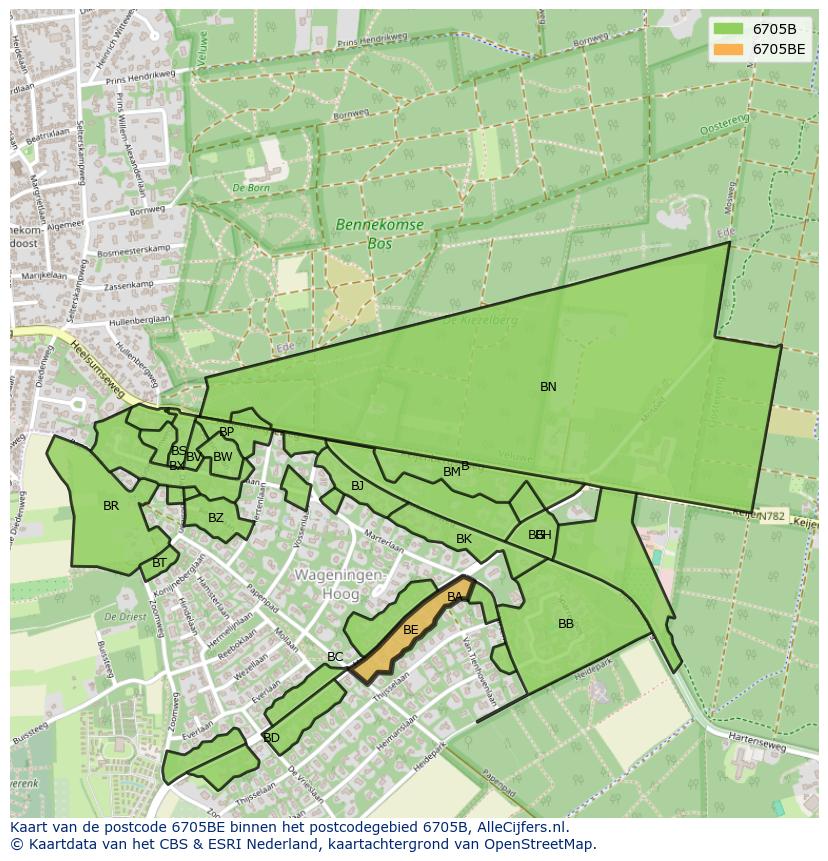 Afbeelding van het postcodegebied 6705 BE op de kaart.