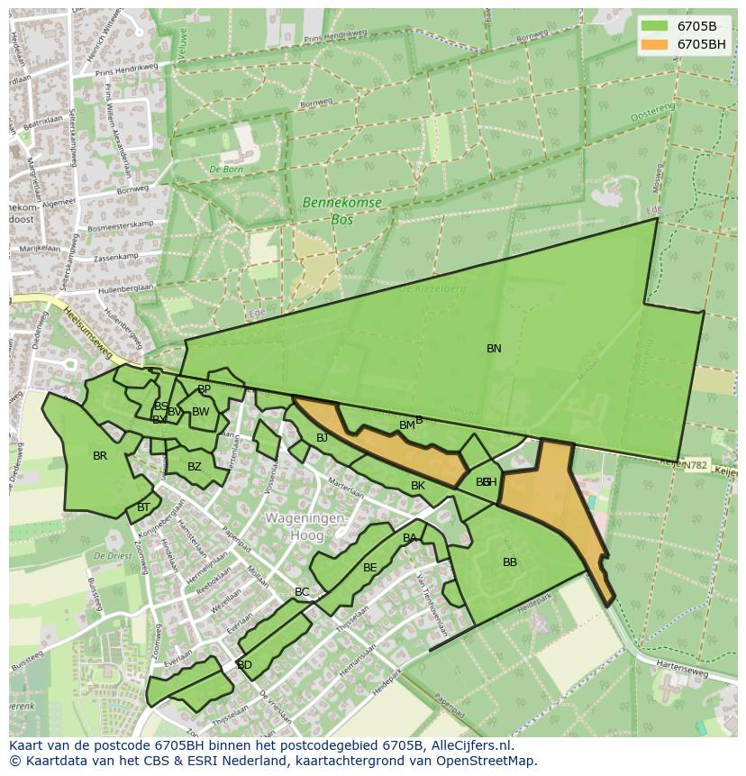 Afbeelding van het postcodegebied 6705 BH op de kaart.