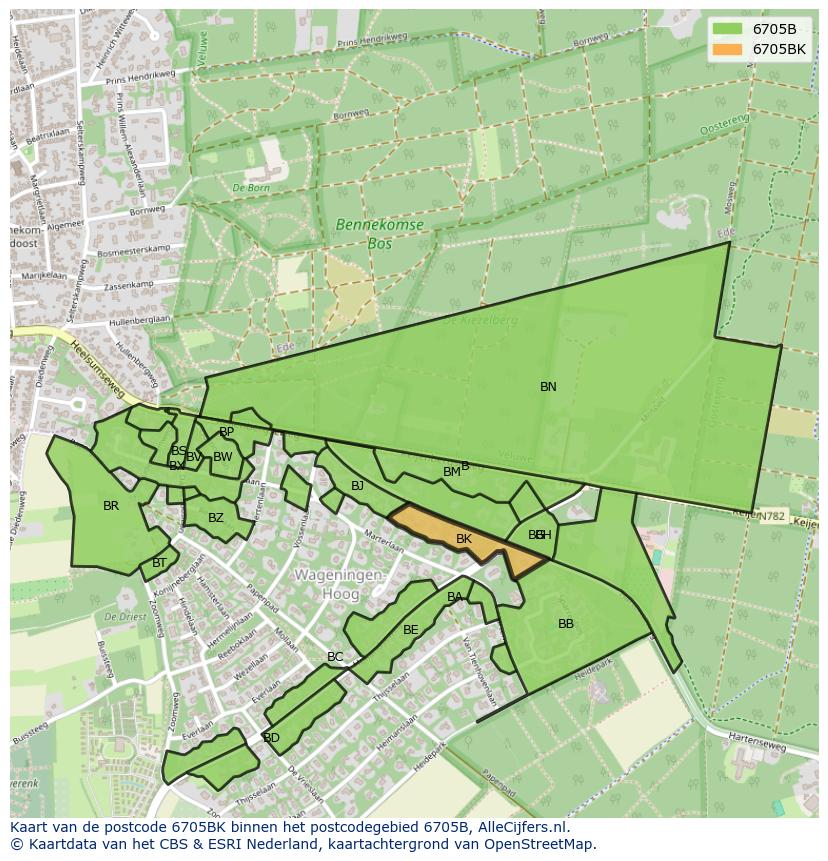 Afbeelding van het postcodegebied 6705 BK op de kaart.
