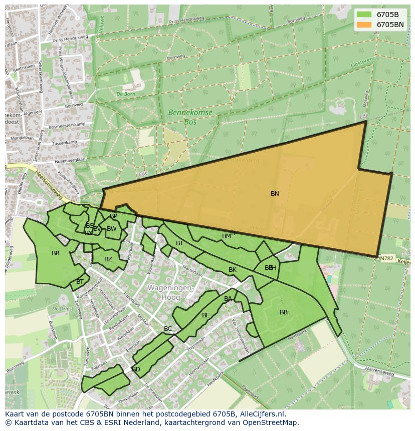 Afbeelding van het postcodegebied 6705 BN op de kaart.