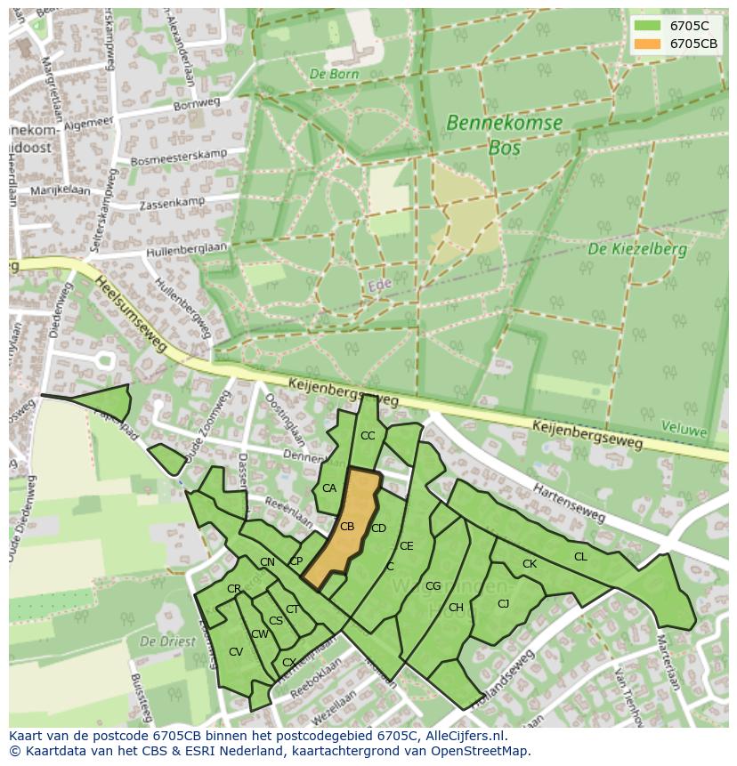 Afbeelding van het postcodegebied 6705 CB op de kaart.