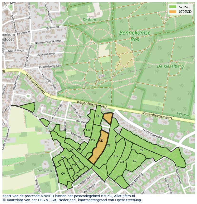 Afbeelding van het postcodegebied 6705 CD op de kaart.