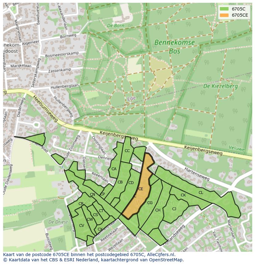 Afbeelding van het postcodegebied 6705 CE op de kaart.
