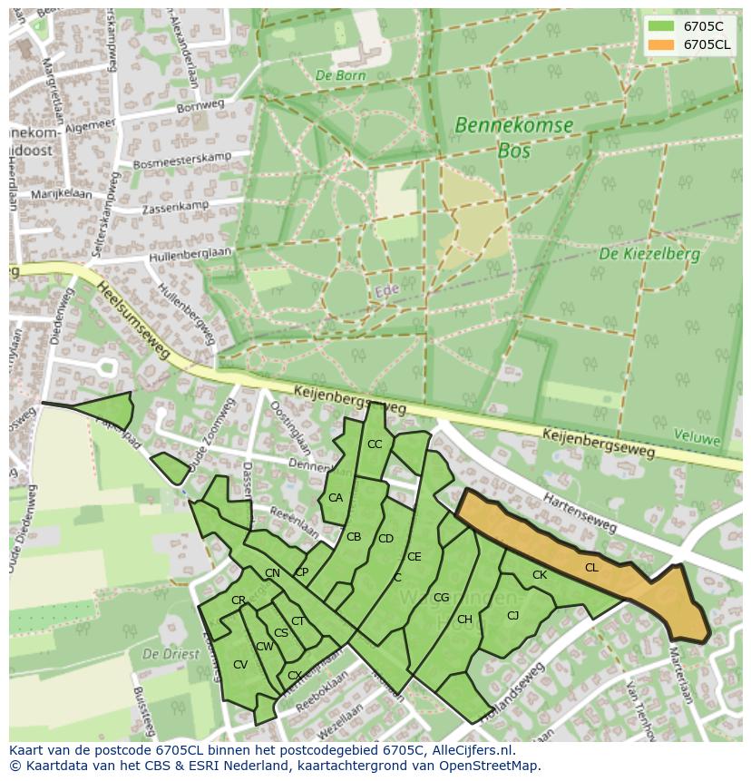 Afbeelding van het postcodegebied 6705 CL op de kaart.