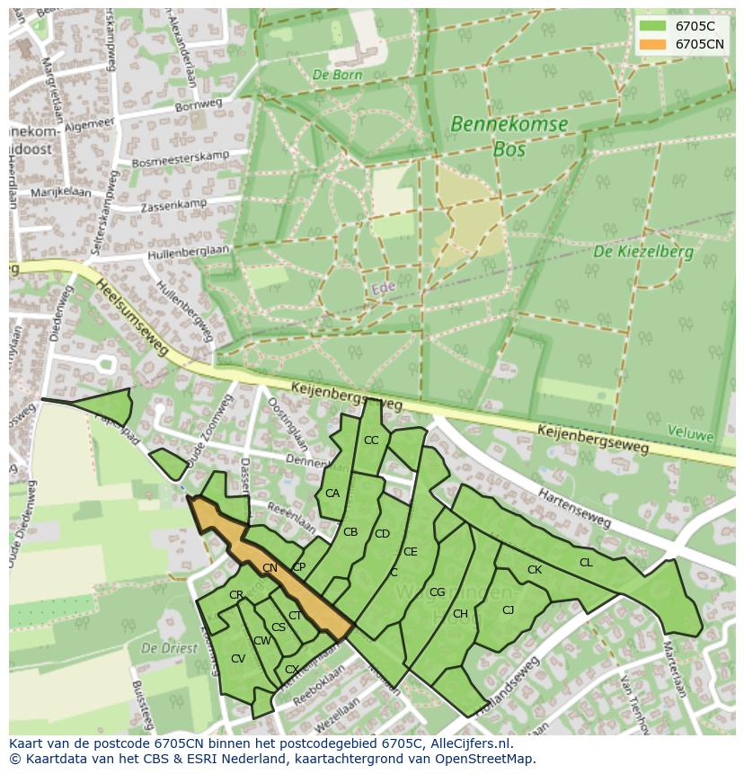 Afbeelding van het postcodegebied 6705 CN op de kaart.