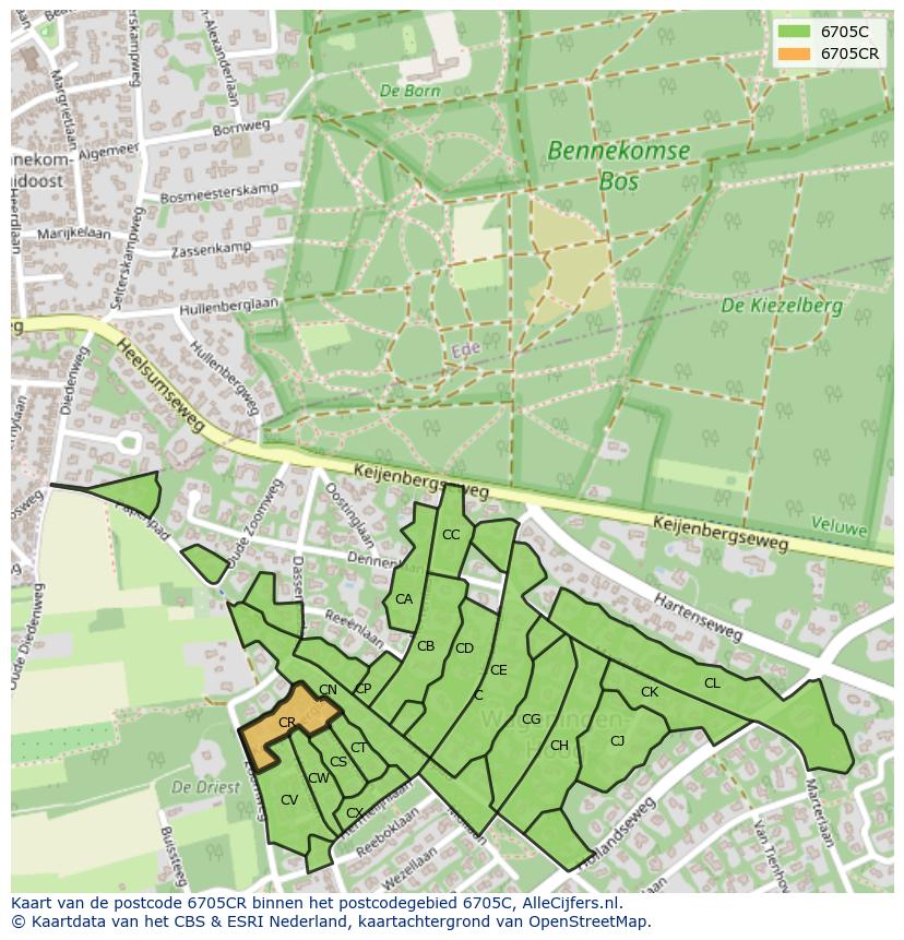 Afbeelding van het postcodegebied 6705 CR op de kaart.