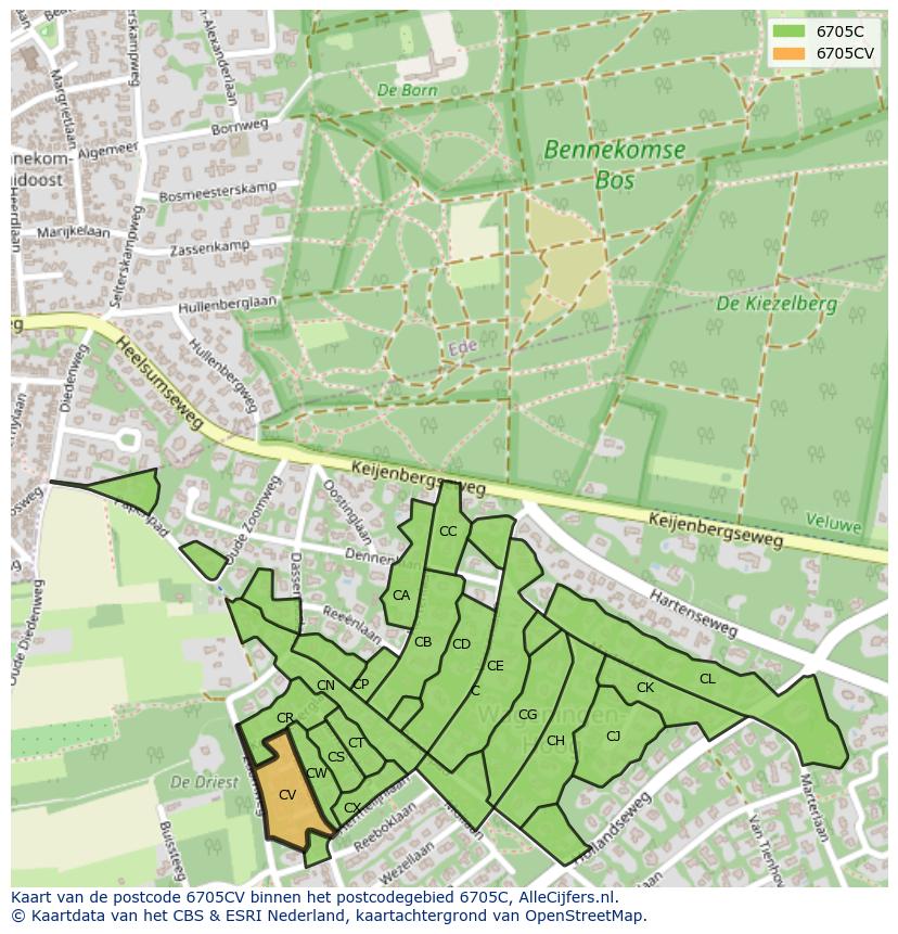 Afbeelding van het postcodegebied 6705 CV op de kaart.