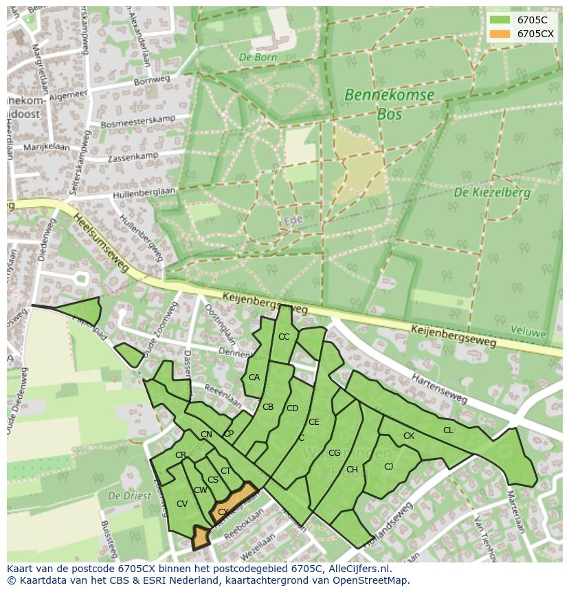 Afbeelding van het postcodegebied 6705 CX op de kaart.