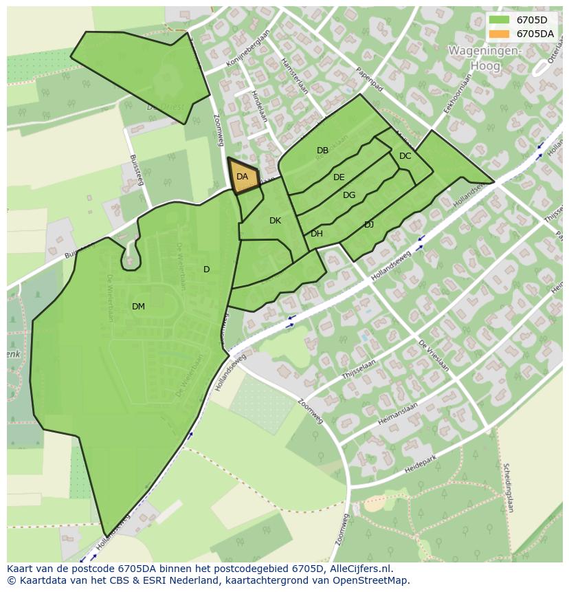 Afbeelding van het postcodegebied 6705 DA op de kaart.