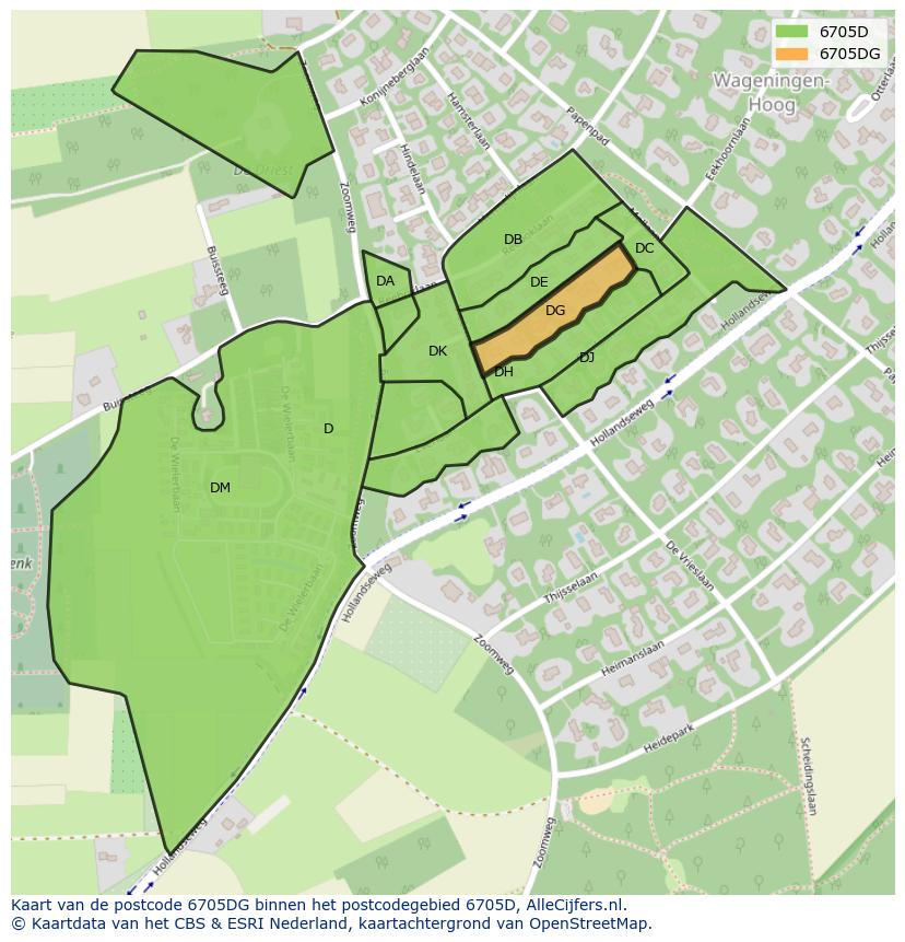 Afbeelding van het postcodegebied 6705 DG op de kaart.