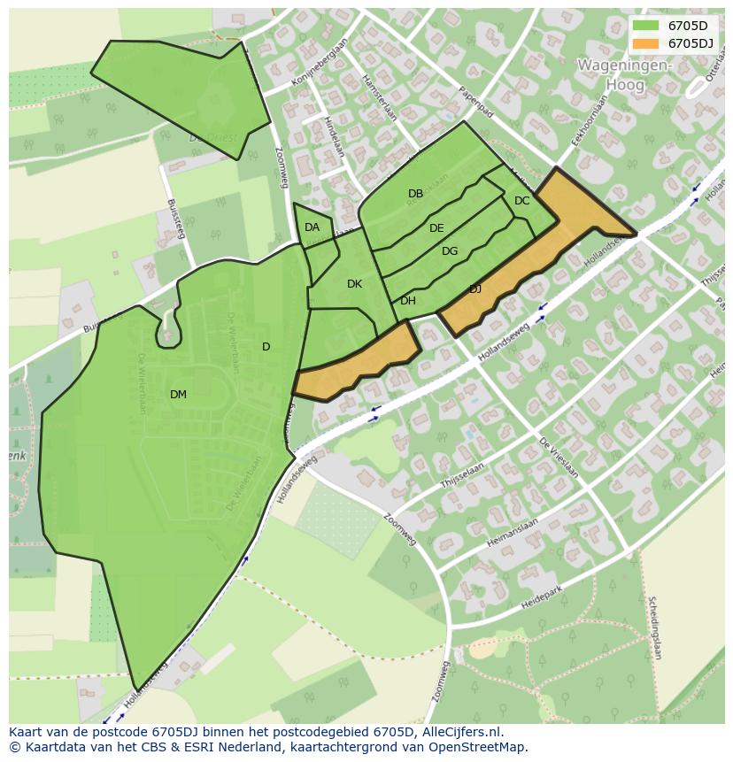 Afbeelding van het postcodegebied 6705 DJ op de kaart.