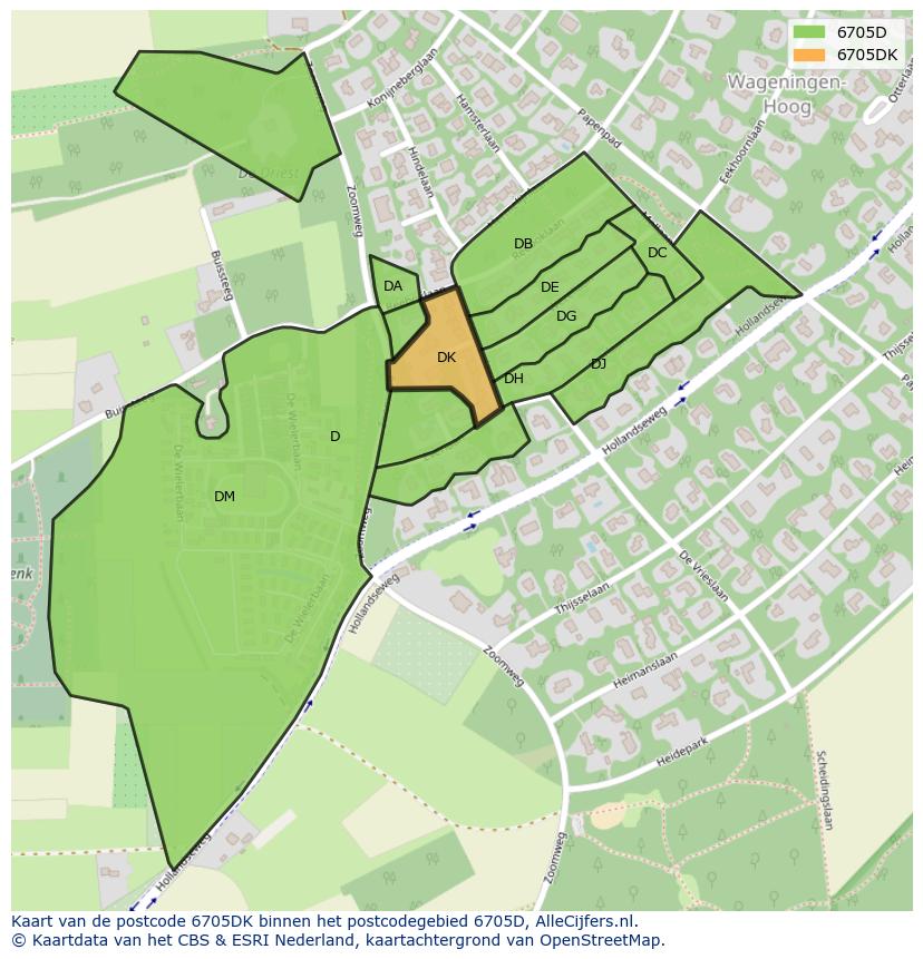 Afbeelding van het postcodegebied 6705 DK op de kaart.