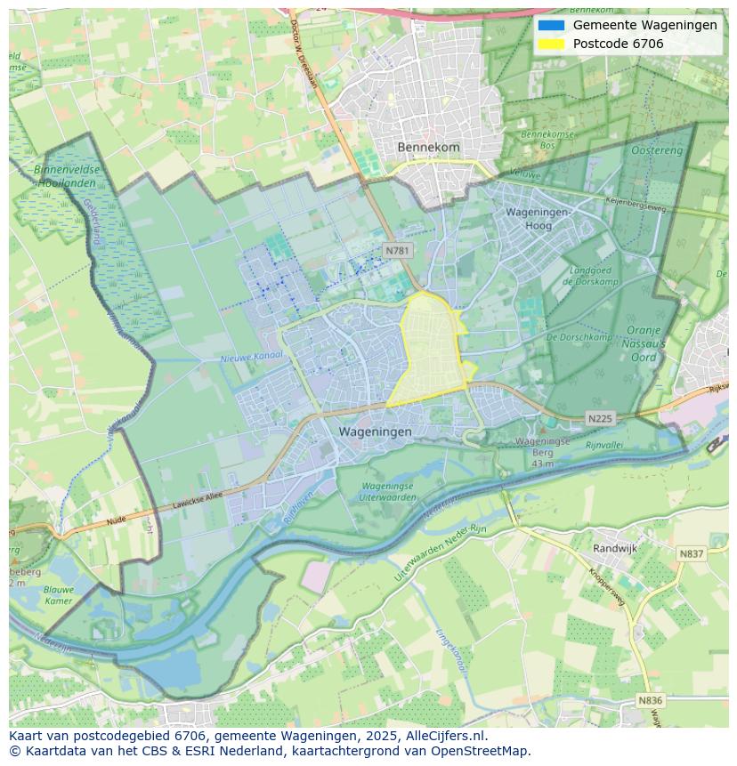 Afbeelding van het postcodegebied 6706 op de kaart.