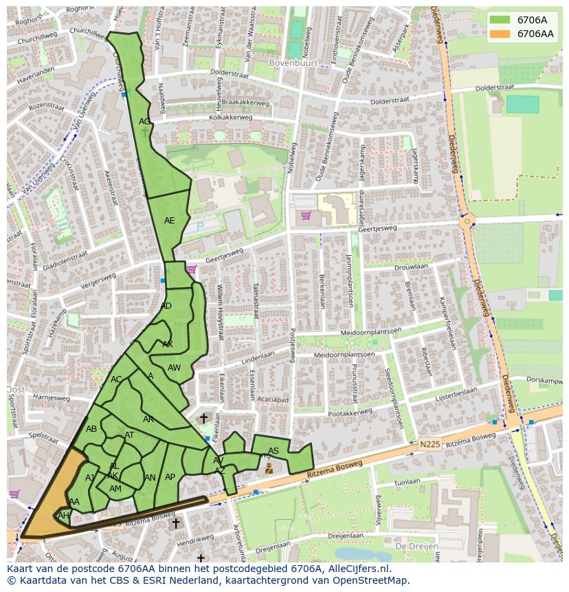 Afbeelding van het postcodegebied 6706 AA op de kaart.