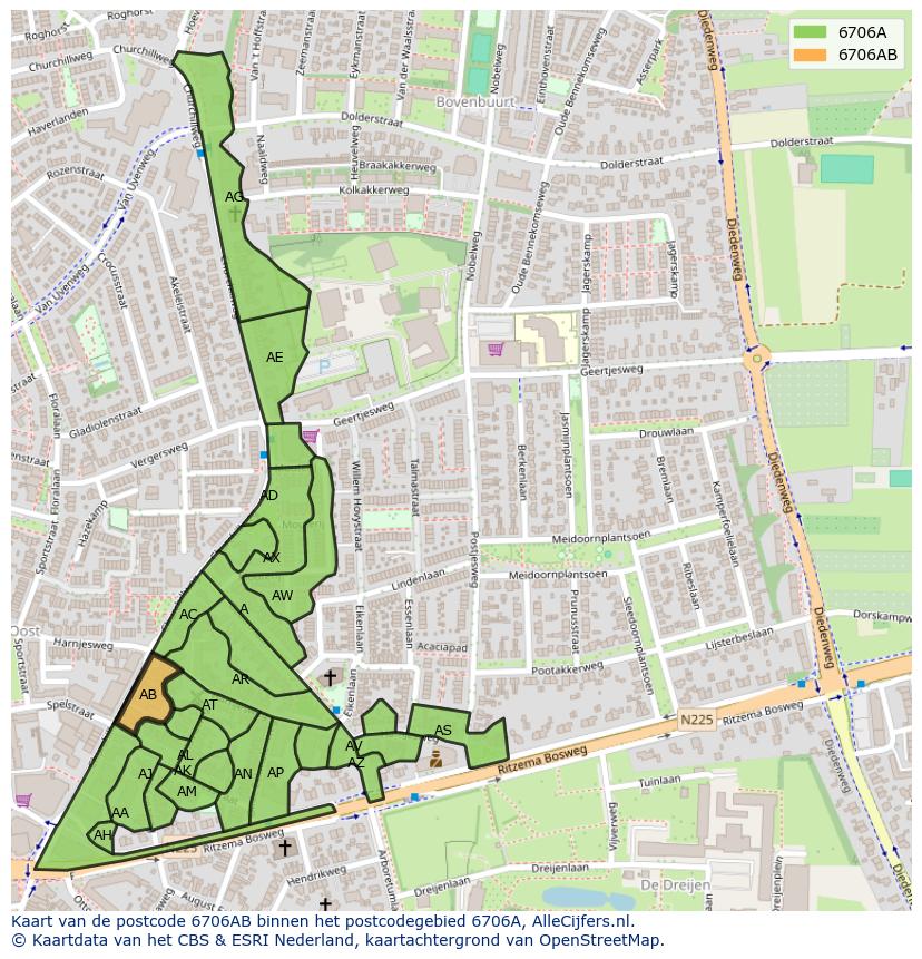 Afbeelding van het postcodegebied 6706 AB op de kaart.