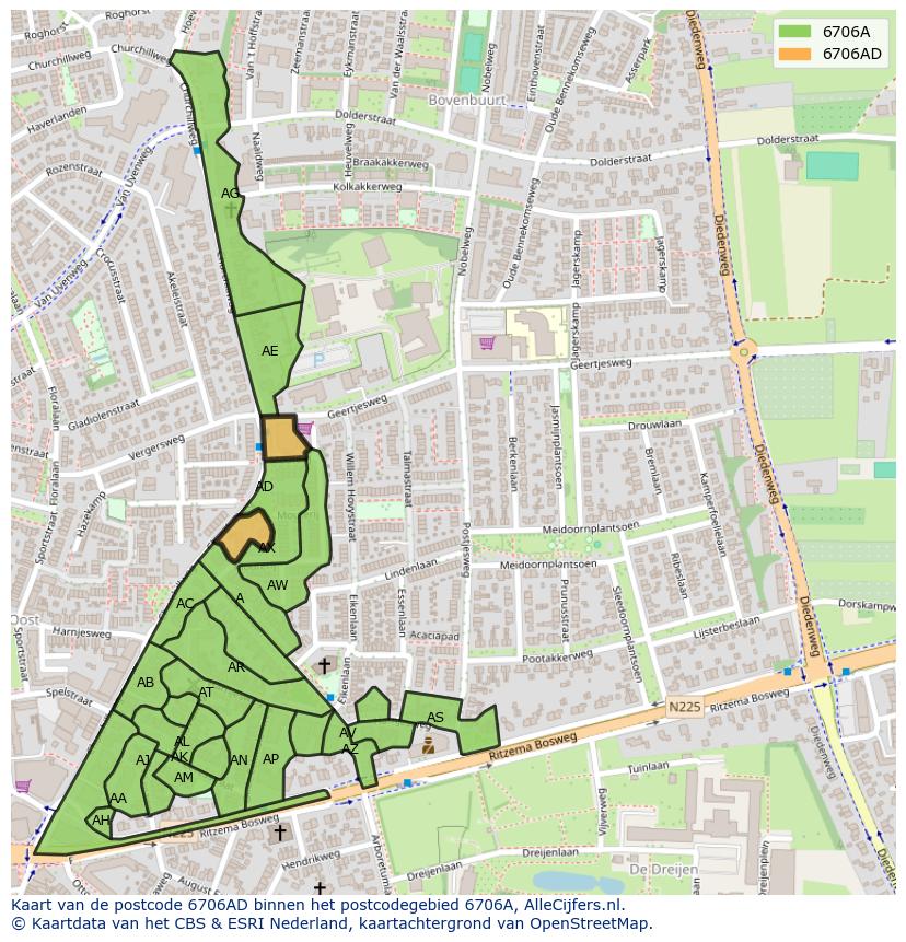 Afbeelding van het postcodegebied 6706 AD op de kaart.