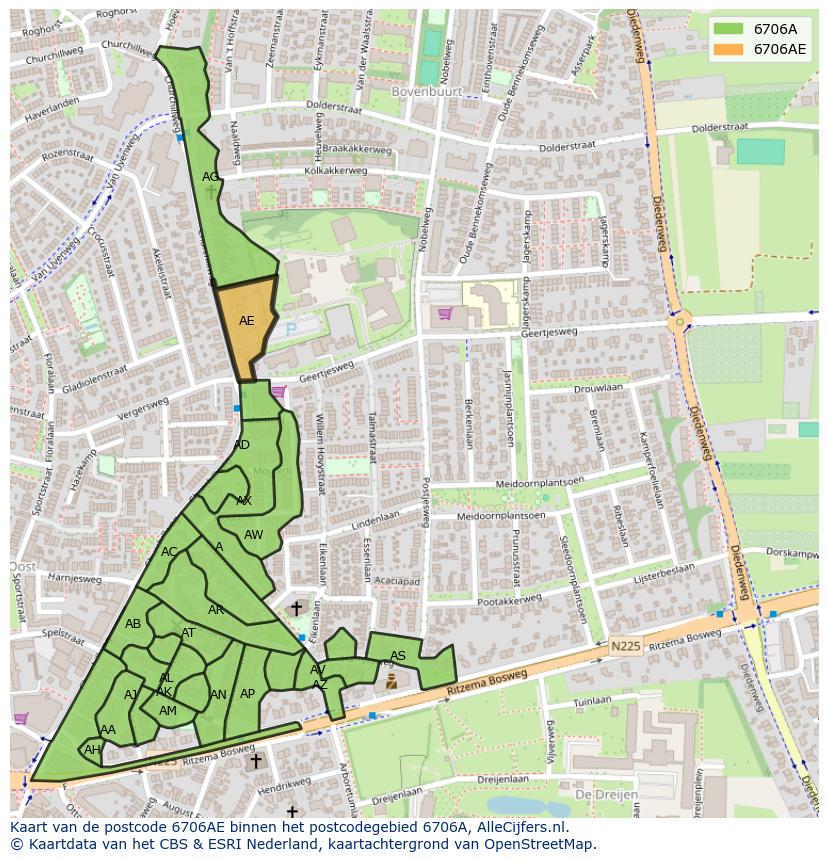 Afbeelding van het postcodegebied 6706 AE op de kaart.