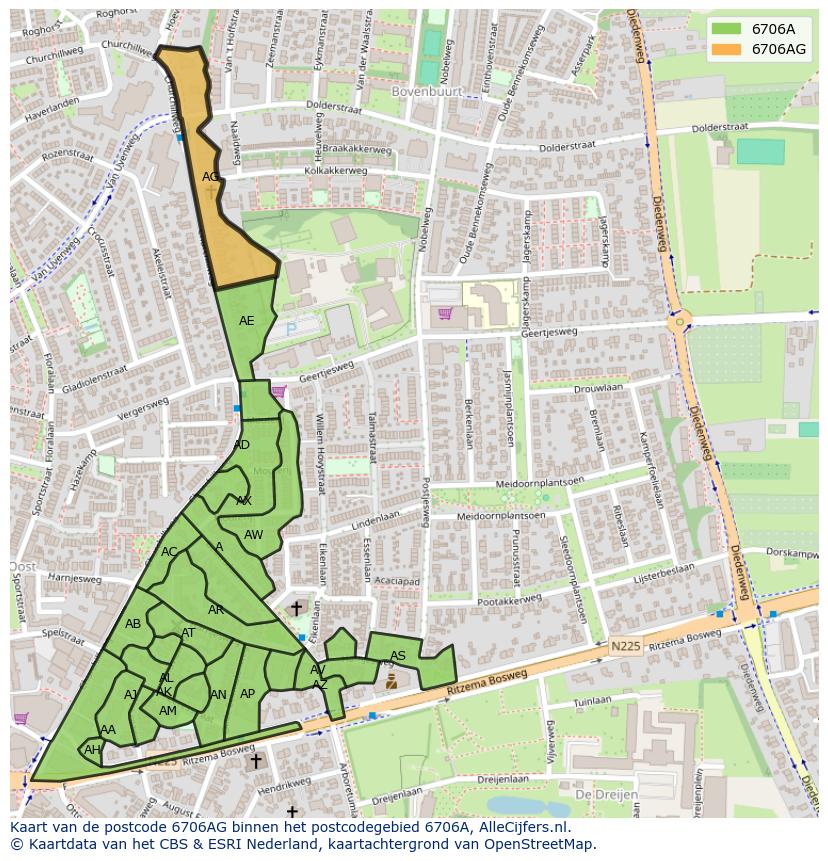 Afbeelding van het postcodegebied 6706 AG op de kaart.