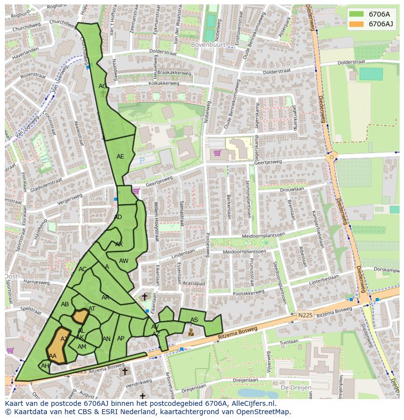 Afbeelding van het postcodegebied 6706 AJ op de kaart.