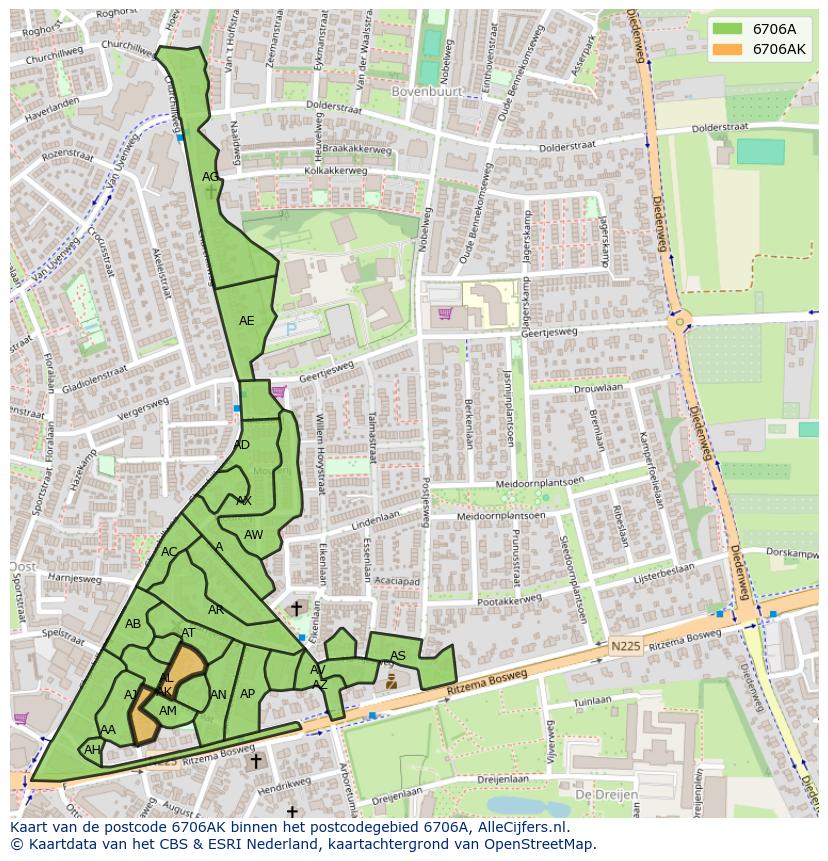 Afbeelding van het postcodegebied 6706 AK op de kaart.