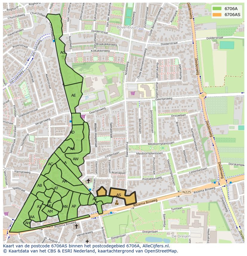 Afbeelding van het postcodegebied 6706 AS op de kaart.