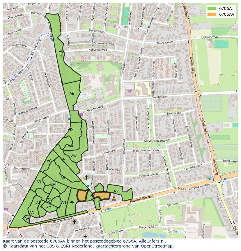 Afbeelding van het postcodegebied 6706 AV op de kaart.