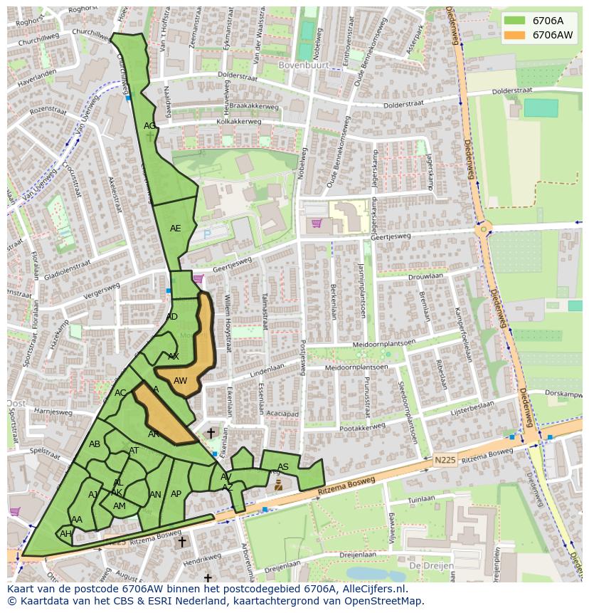 Afbeelding van het postcodegebied 6706 AW op de kaart.