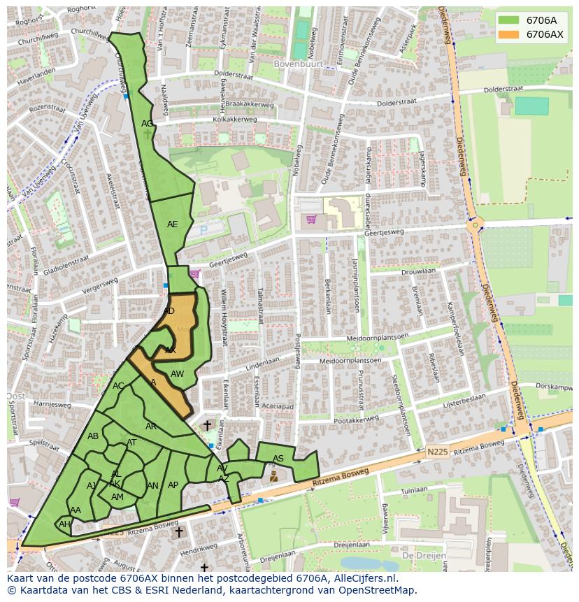 Afbeelding van het postcodegebied 6706 AX op de kaart.
