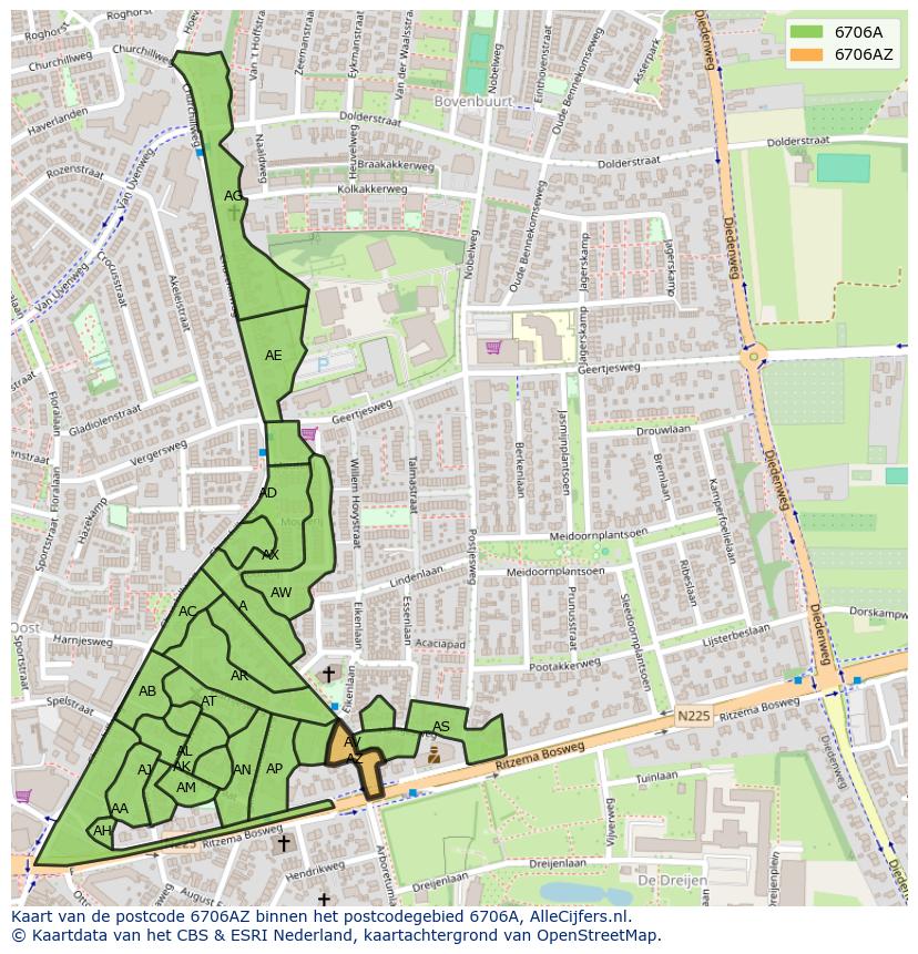 Afbeelding van het postcodegebied 6706 AZ op de kaart.