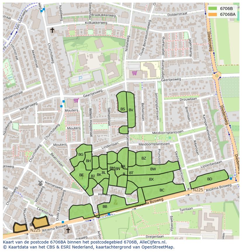 Afbeelding van het postcodegebied 6706 BA op de kaart.