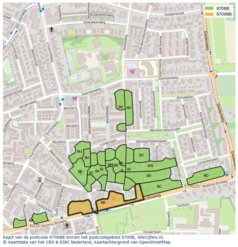 Afbeelding van het postcodegebied 6706 BB op de kaart.