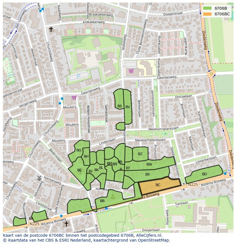 Afbeelding van het postcodegebied 6706 BC op de kaart.
