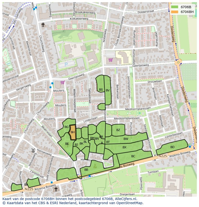 Afbeelding van het postcodegebied 6706 BH op de kaart.