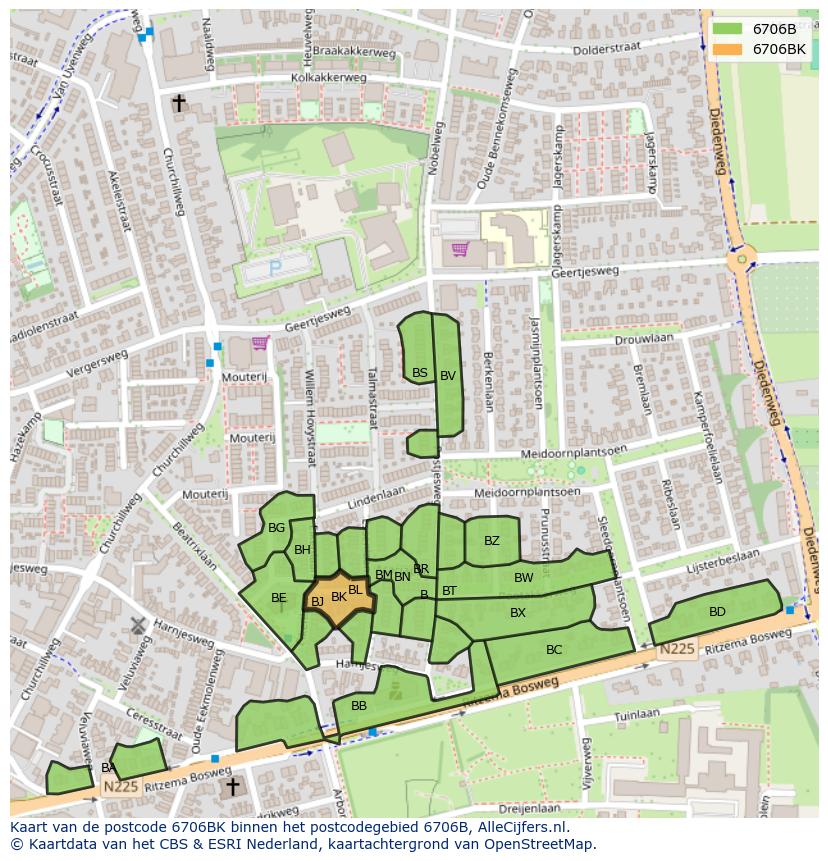 Afbeelding van het postcodegebied 6706 BK op de kaart.
