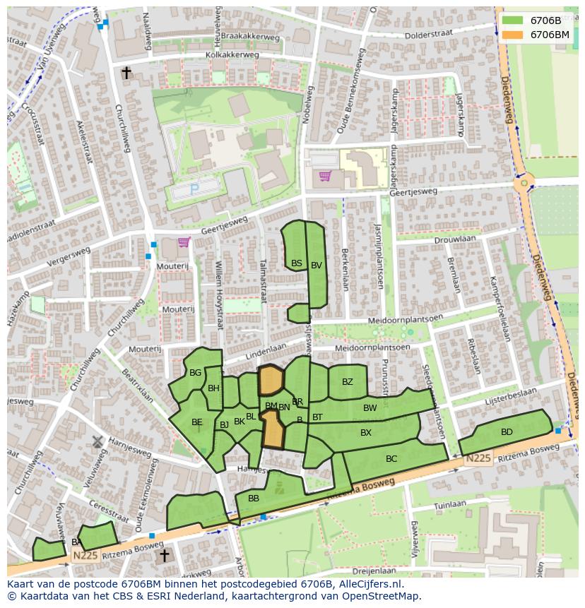 Afbeelding van het postcodegebied 6706 BM op de kaart.